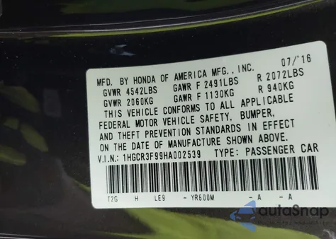 2017 Honda Accord Touring V6 z USA, uszkodzony, nr VIN 1HGCR3F99HA002539